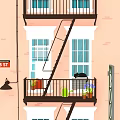 Pastel Apartment Building Exterior With Fire Escape Ladder West Street Sign And Balcony Potted Plants