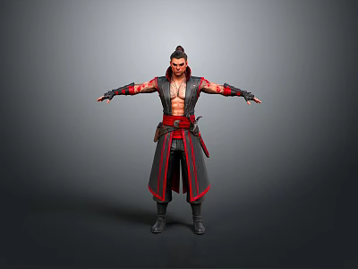 Man with tied hair shirtless torso in black robe with red accents standing arms outstretched 3d model