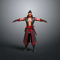 Man with tied hair shirtless torso in black robe with red accents standing arms outstretched