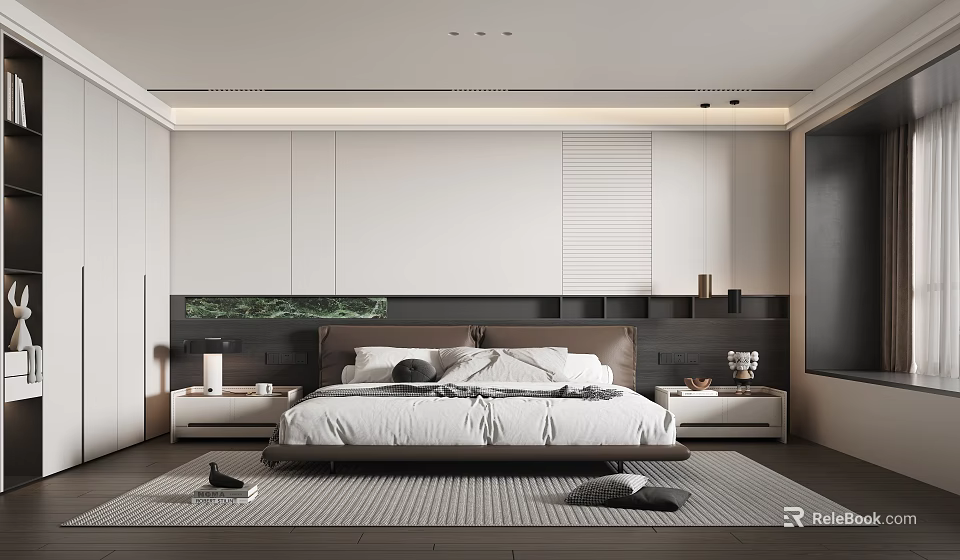 Modern Bedroom Interior Design With Cozy Bed Nightstands Storage Cabinets And Ambient Lighting 3d model 