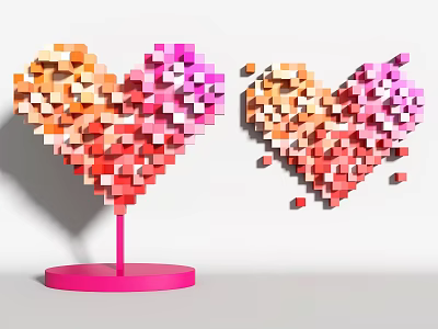 Colorful Cube Heart Sculptures With Pink Base And Scattered Cubes 3d model