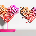 Colorful Cube Heart Sculptures With Pink Base And Scattered Cubes