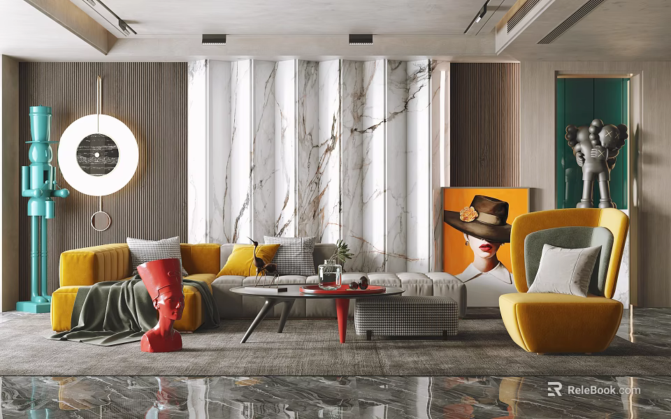 Modern Yellow Sofa and Coffee Table Set With Marble Backdrop and Decorative Accents 3d model