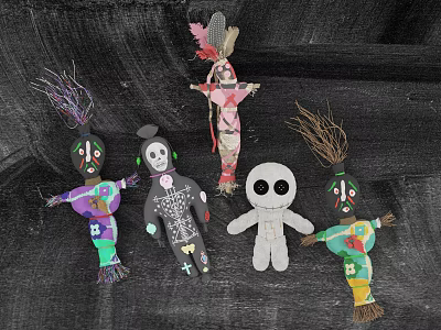 Colorful Handmade Dolls With Skeleton Design Feathers On Dark Wooden Surface 3d model