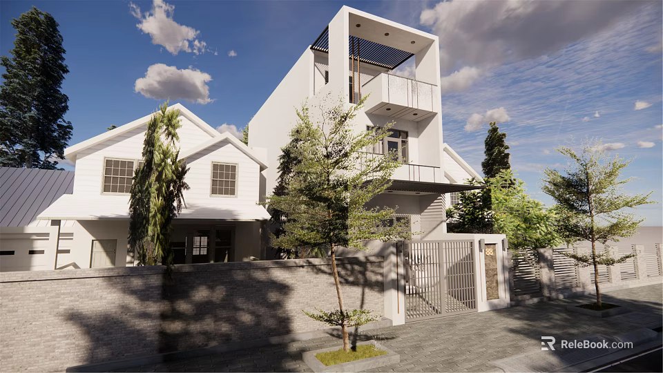 Modern Two Story Detached Villa With Balcony Trees And Fence Under Cloudy Sky 3d model 