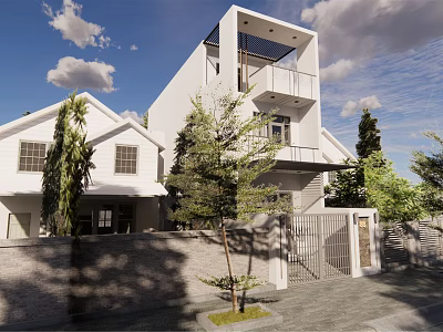 Modern Two Story Detached Villa With Balcony Trees And Fence Under Cloudy Sky 3d model