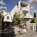 Modern Two Story Detached Villa With Balcony Trees And Fence Under Cloudy Sky
