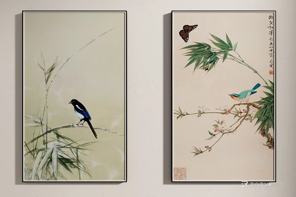 Traditional Chinese Animal Paintings with Birds Butterfly Bamboo Flowers as Wall Art 3d model 