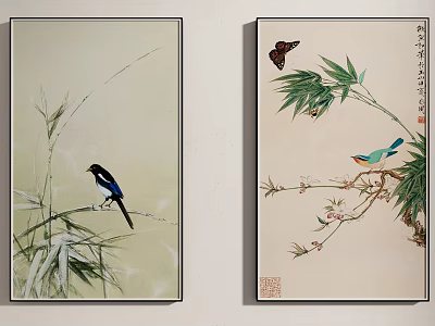 Traditional Chinese Animal Paintings with Birds Butterfly Bamboo Flowers as Wall Art 3d model