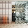 Modern Glass Block Room Divider In Contemporary Interior With Herringbone Floor And Shelves