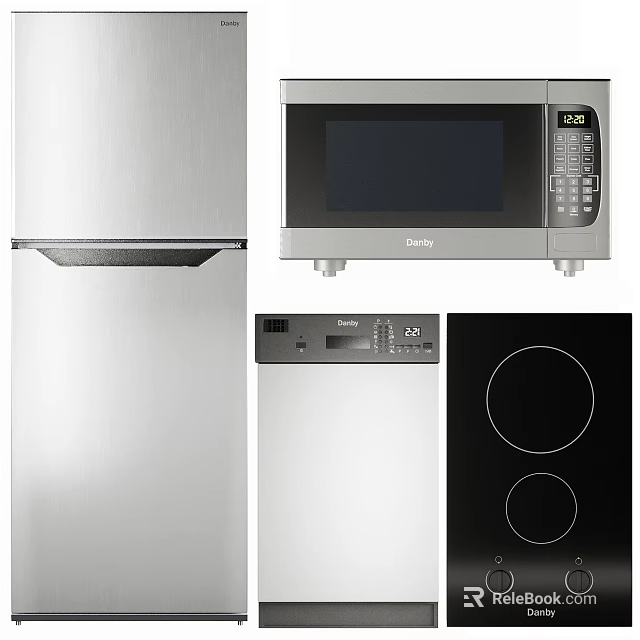 Stainless Steel Kitchen Appliances Including Refrigerator Microwave Dishwasher And Induction Cooktop 3d model 