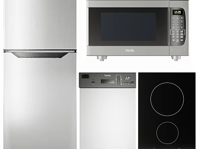 Stainless Steel Kitchen Appliances Including Refrigerator Microwave Dishwasher And Induction Cooktop 3d model