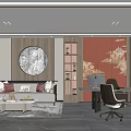 Modern Office Interior With Sofa Coffee Table Desk Computer Round Mirror And Orange Wall 3d model