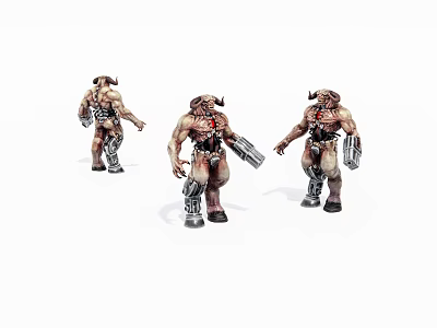 Game Movie Mythical Warrior Characters Three Horned Muscular Figures Armored With Mechanical Parts Standing Poses 3d model