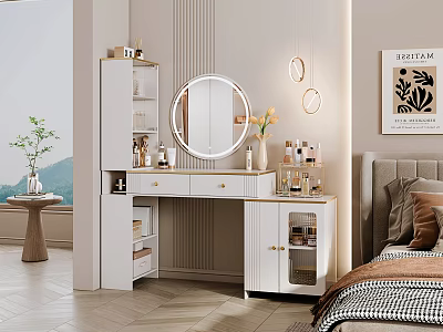 Modern White Dressing Table Bedroom Interior With Drawers Round Mirror And Skincare Products 3d model