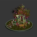 Cartoon Scene With Vine Covered Archway Purple Flowers Table Chairs And Little Figures On Round Platform