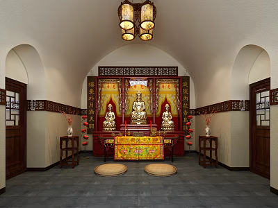 Traditional Chinese Buddhist Worship Hall Interior With Buddha Statues Altar Table Lanterns And Mats 3d model
