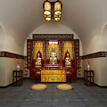 Traditional Chinese Buddhist Worship Hall Interior With Buddha Statues Altar Table Lanterns And Mats