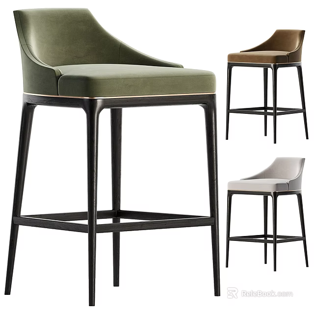 Modern Velvet Upholstered Bar Stools In Green Brown Grey Colors With Sleek Black Metal Frame 3d model 