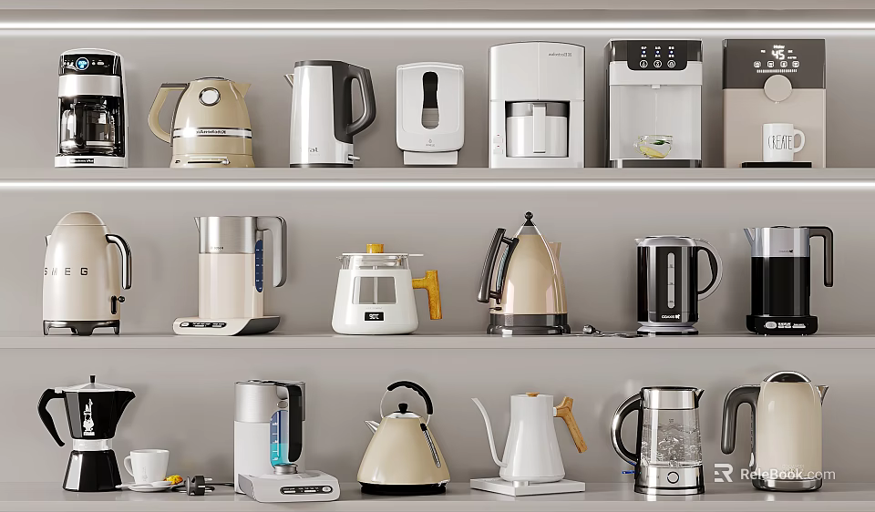 Various Kitchen Appliances Display On Shelves With Different Styles Including Electric Kettles And Coffee Makers 3d model 