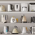 Various Kitchen Appliances Display On Shelves With Different Styles Including Electric Kettles And Coffee Makers