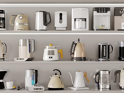 Various Kitchen Appliances Display On Shelves With Different Styles Including Electric Kettles And Coffee Makers 3d model