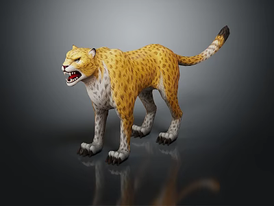 3D Leopard Model With Yellow Spotted Fur Standing Open Mouth On Dark Background With Reflection 3d model