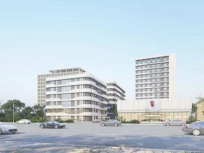 Modern Hospital Building Exterior With Multi Story Structure Parking Area And Trees 3d model