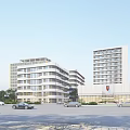 Modern Hospital Building Exterior With Multi Story Structure Parking Area And Trees