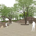 Scenic Park Landscape With Green Trees Walking Path Benches Pedestrians And Vendor Cart