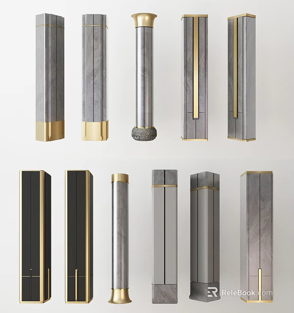 Diverse Stylish Column Designs With Marble Metal And Gold Decor Details 3d model 
