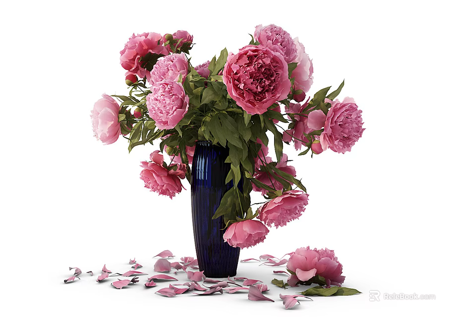 Pink Peonies in Blue Vase with Scattered Petals and Fresh Floral Blooms 3d model 