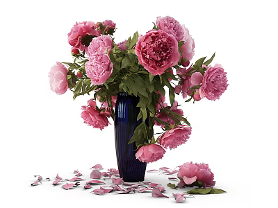 Pink Peonies in Blue Vase with Scattered Petals and Fresh Floral Blooms 3d model