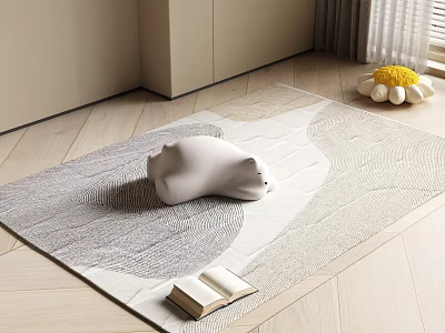 Square Rug With Textured Gray White Design White Bear Figurine Open Book On Wooden Floor 3d model