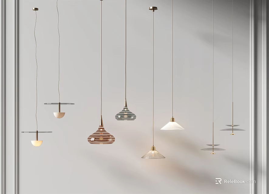 Various Modern Design Pendant Lights Hanging Against White Background With Different Shapes 3d model 