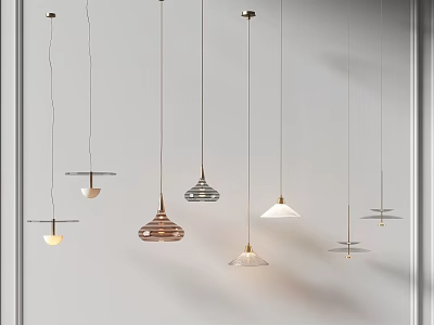 Various Modern Design Pendant Lights Hanging Against White Background With Different Shapes 3d model