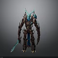 Mythical Fantasy Creature Character With Glowing Blue Antlers Armor And Sword