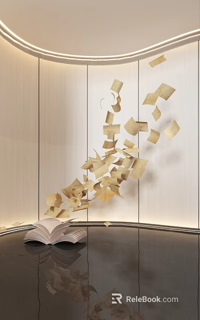 Golden Floating Paper Decorations In Modern Interior With Books And Curved Structure 3d model 