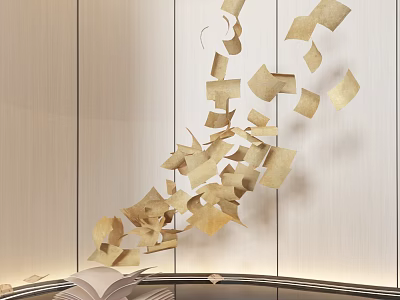 Golden Floating Paper Decorations In Modern Interior With Books And Curved Structure 3d model