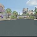 Scenic Commercial Street Featuring Palm Trees Water Pool Reflections Red Umbrellas And Tall Buildings