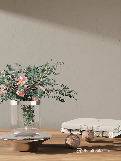 Transparent Glass Vase With Pink Roses And Eucalyptus Leaves On Light Gray Wall 3d model 
