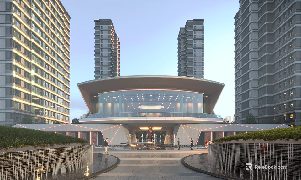 Modern High Rise Residential Complex With Central Glass Entrance Greenery And Water Features 3d model 