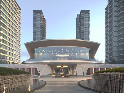 Modern High Rise Residential Complex With Central Glass Entrance Greenery And Water Features 3d model