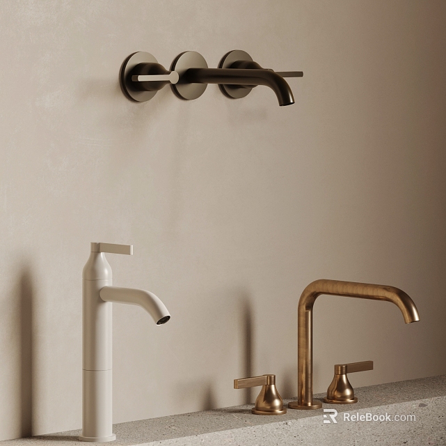 Modern Wall Mounted White and Gold Faucets in Stylish Bathroom Setting 3d model 