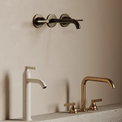 Modern Wall Mounted White and Gold Faucets in Stylish Bathroom Setting 3d model