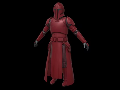 Red Armored Game Movie Character With Long Robe Helmet And Black Gloves 3d model