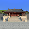 Traditional Chinese Ancient Architecture With Classic Curved Roof Red Pillars Stone Steps And Green Hills