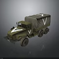 Green Military Truck With Canvas Covered Cargo Area White V Markings And Six Wheel Design