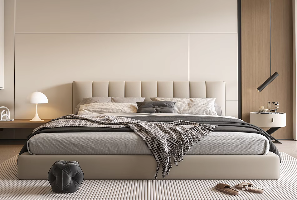 Modern Double Bed With Upholstered Headboard Decorative Pillows And Nightstand Lamp 3d model 