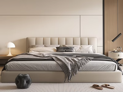 Modern Double Bed With Upholstered Headboard Decorative Pillows And Nightstand Lamp 3d model